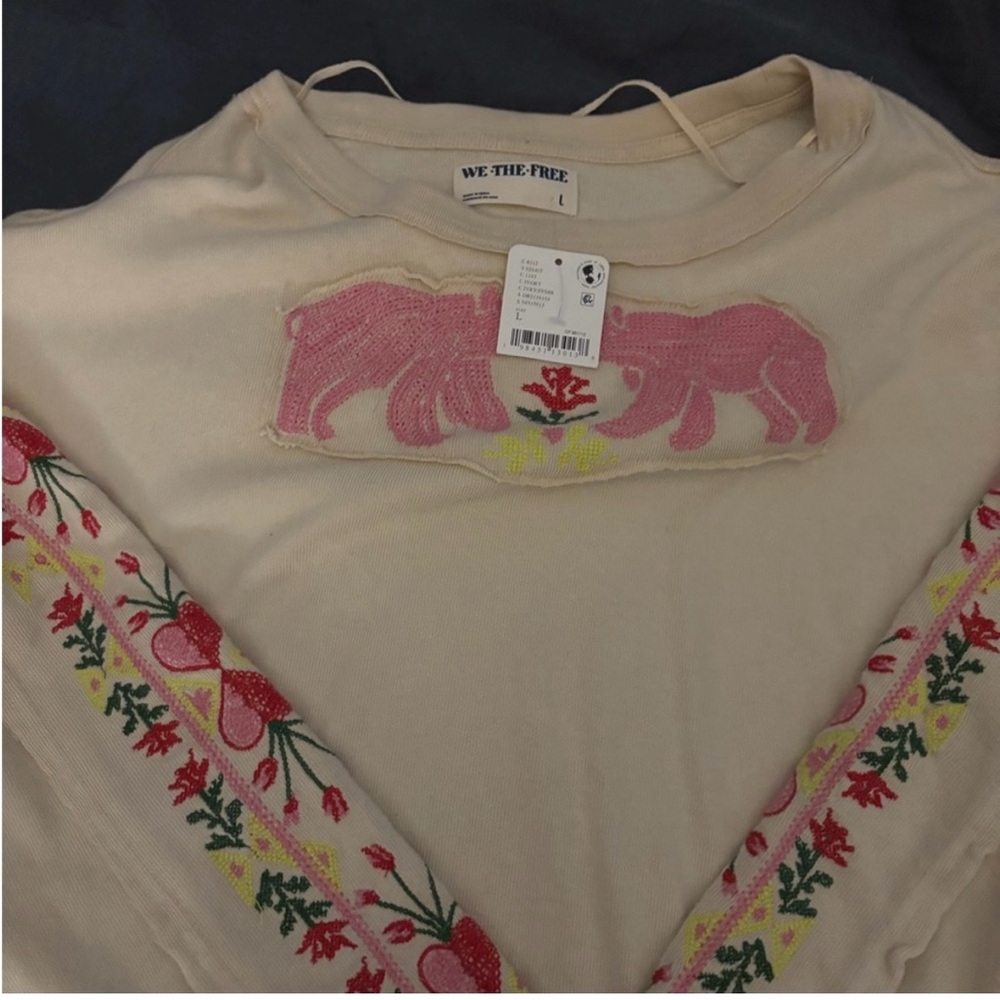 We The Free Cream Free People Top with Pink and Red Embroidery Size L